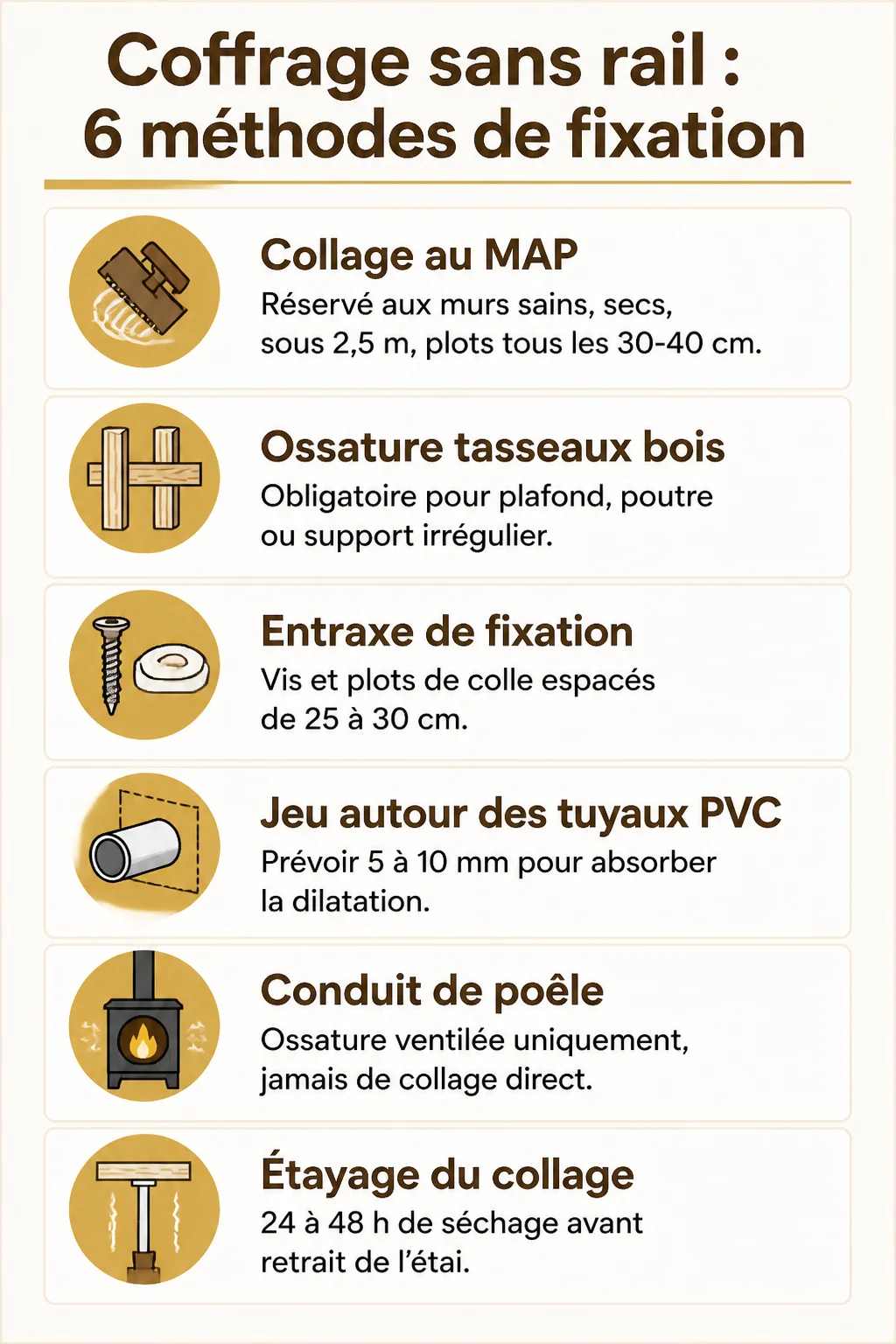 Coffrage sans rail : 6 méthodes de fixation : Collage au MAP, Ossature tasseaux bois, Entraxe de fixation, Jeu autour des tuyaux PVC, Conduit de poêle, Étayage du collage