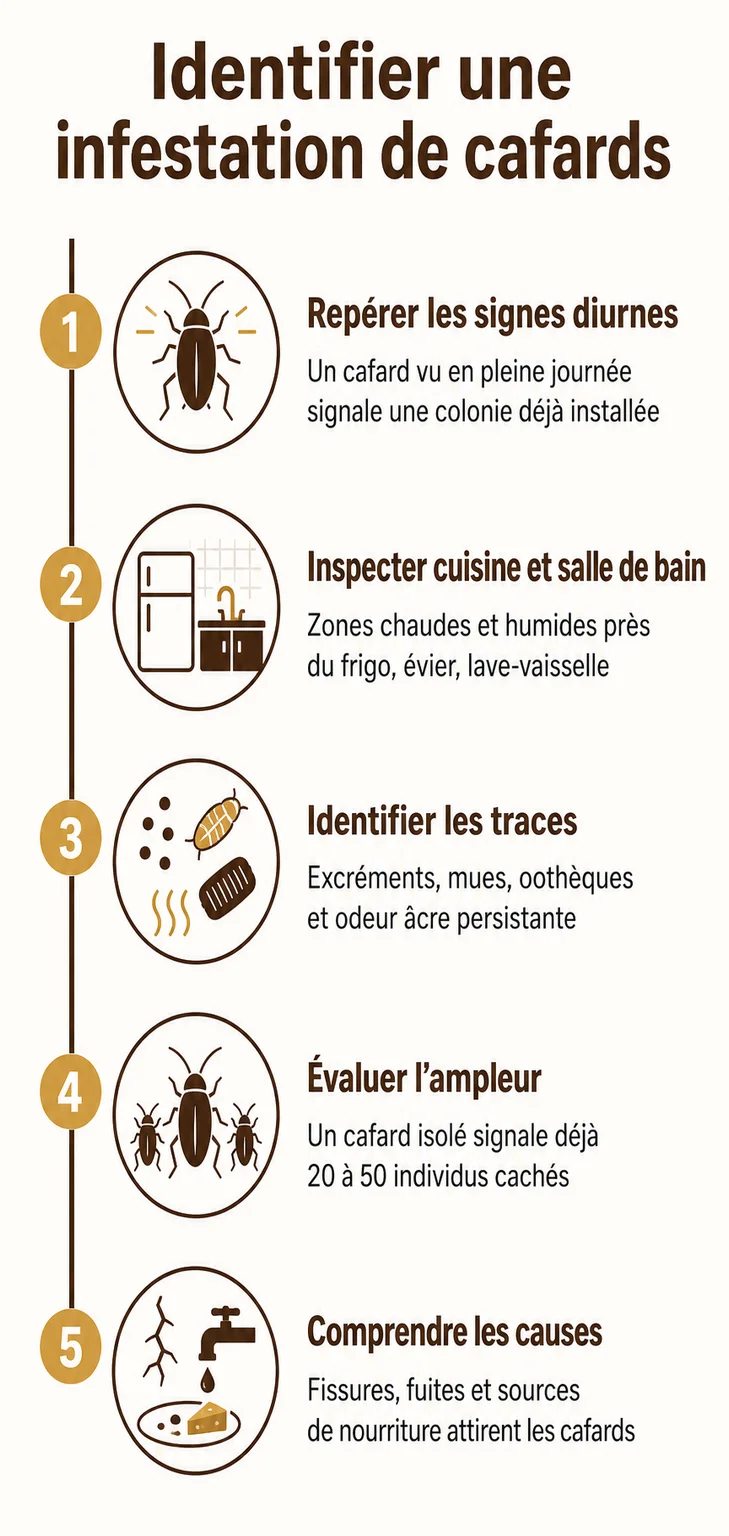 Identifier une infestation de cafards : 1. Repérer les signes diurnes, 2. Inspecter cuisine et salle de bain, 3. Identifier les traces, 4. Évaluer l'ampleur, 5. Comprendre les causes