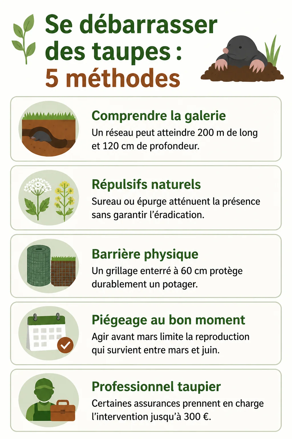 Se débarrasser des taupes : 5 méthodes : Comprendre la galerie, Répulsifs naturels, Barrière physique, Piégeage au bon moment, Professionnel taupier