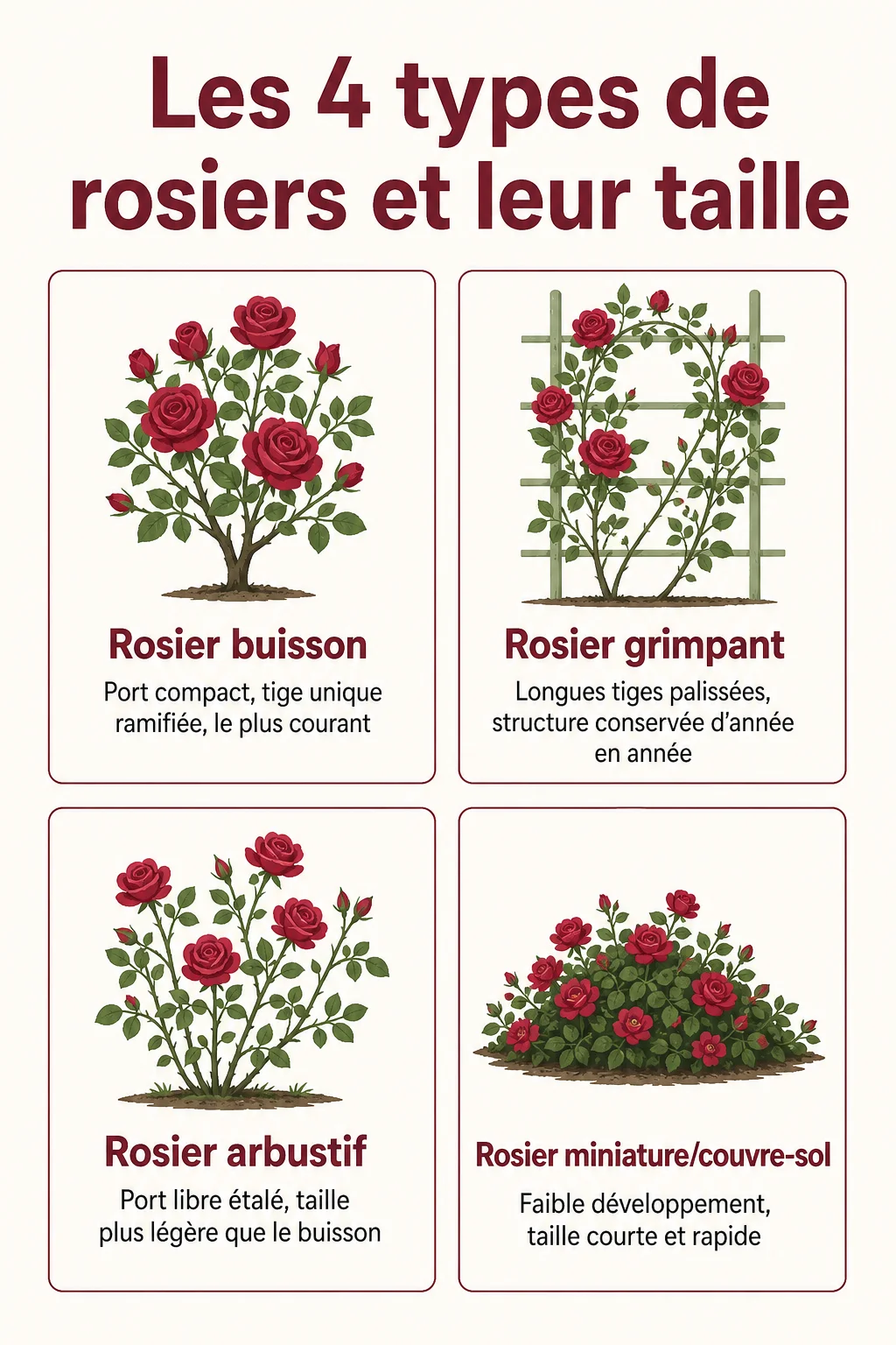 Les 4 types de rosiers et leur taille : Rosier buisson, Rosier grimpant, Rosier arbustif, Rosier miniature/couvre-sol