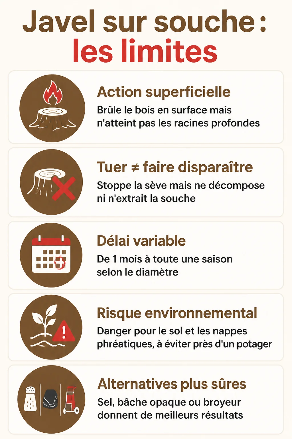 Javel sur souche : les limites : Action superficielle, Tuer ≠ faire disparaître, Délai variable, Risque environnemental, Alternatives plus sûres