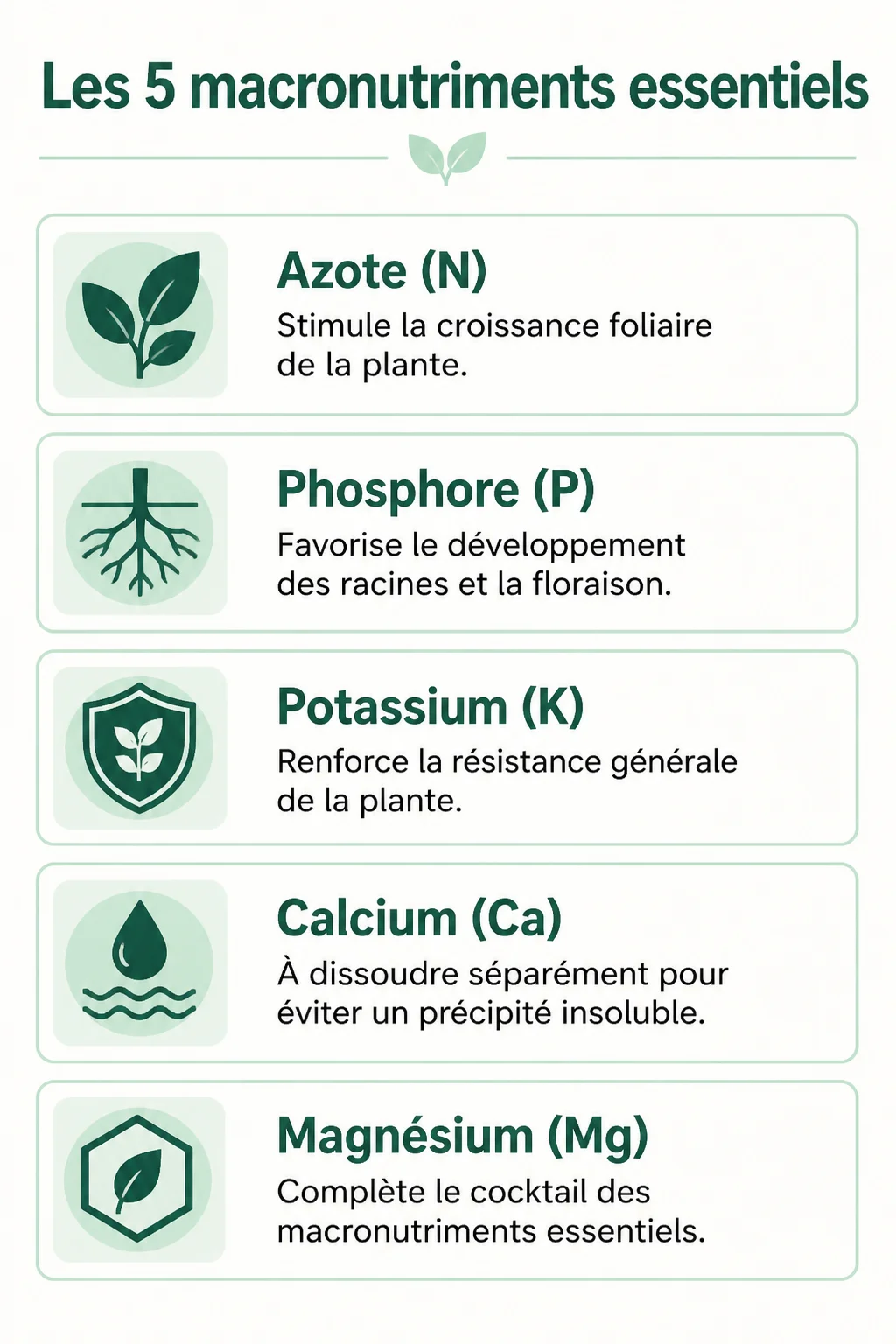 Les 5 macronutriments essentiels : Azote (N), Phosphore (P), Potassium (K), Calcium (Ca), Magnésium (Mg)