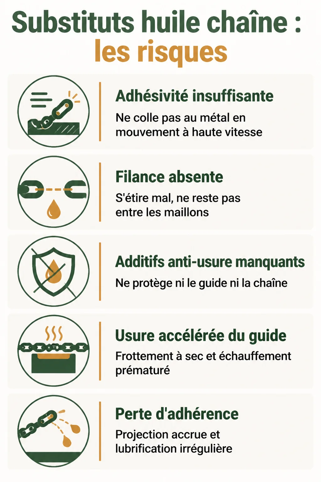 Substituts huile chaîne : les risques : Adhésivité insuffisante, Filance absente, Additifs anti-usure manquants, Usure accélérée du guide, Perte d'adhérence