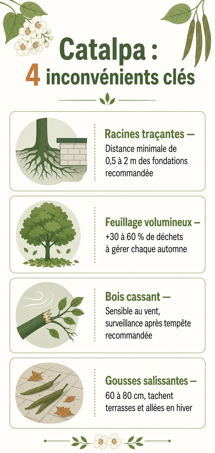 Catalpa : 4 inconvénients clés : Racines traçantes, Feuillage volumineux, Bois cassant, Gousses salissantes