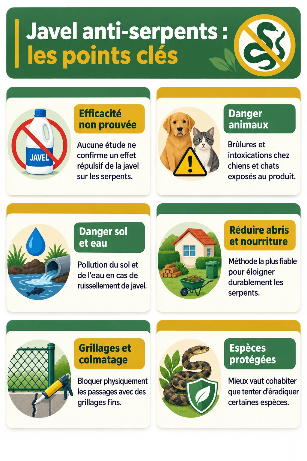Javel anti-serpents : les points clés : Efficacité non prouvée, Danger animaux, Danger sol et eau, Réduire abris et nourriture, Grillages et colmatage, Espèces protégées