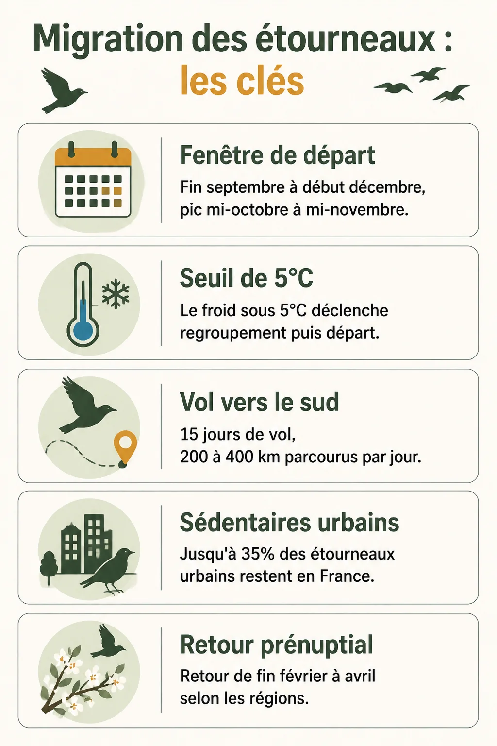 Migration des étourneaux : les clés : Fenêtre de départ, Seuil de 5°C, Vol vers le sud, Sédentaires urbains, Retour prénuptial