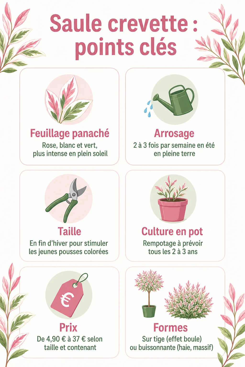 Saule crevette : points clés : Feuillage panaché, Arrosage, Taille, Culture en pot, Prix, Formes