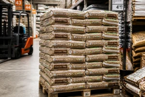 Palette de sacs de pellets 15 kg empilés en magasin, prix Leclerc