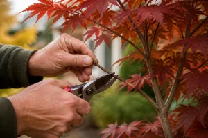 Mains taillant en biseau une branche d'érable du Japon aux feuilles rouges à l'automne