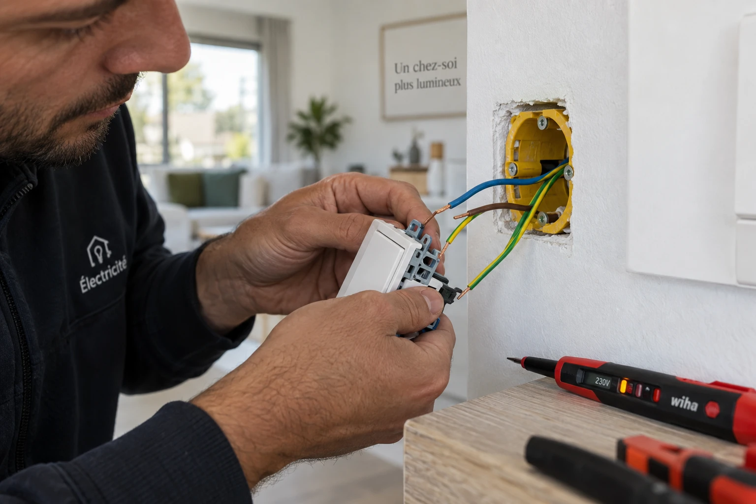 Électricien raccordant un interrupteur sur une boîte d'encastrement murale