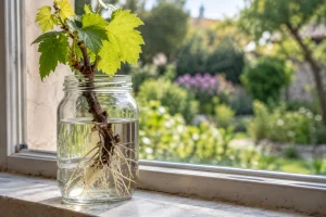 Bouture de vigne dans un bocal d'eau avec racines blanches visibles sur un rebord de fenêtre