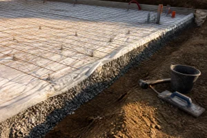 Coupe d'une dalle béton en préparation avec hérisson de graviers, film polyane et treillis métallique