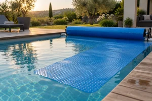 Bâche à bulles bleue déroulée sur une piscine, alvéoles visibles côté eau