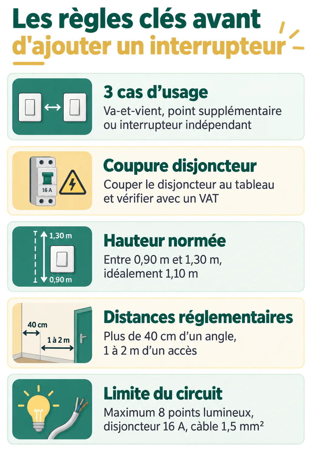 Les règles clés avant d'ajouter un interrupteur : 3 cas d'usage, Coupure disjoncteur, Hauteur normée, Distances réglementaires, Limite du circuit