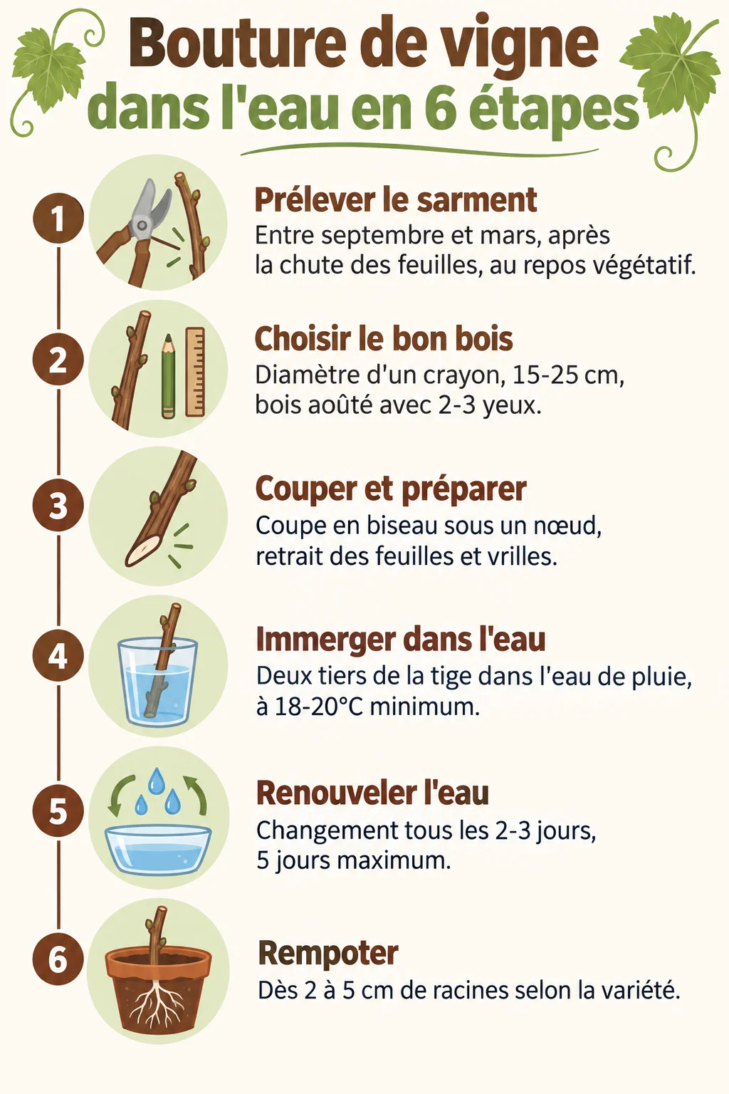 Bouture de vigne dans l'eau en 6 étapes : 1. Prélever le sarment, 2. Choisir le bon bois, 3. Couper et préparer, 4. Immerger dans l'eau, 5. Renouveler l'eau, 6. Rempoter