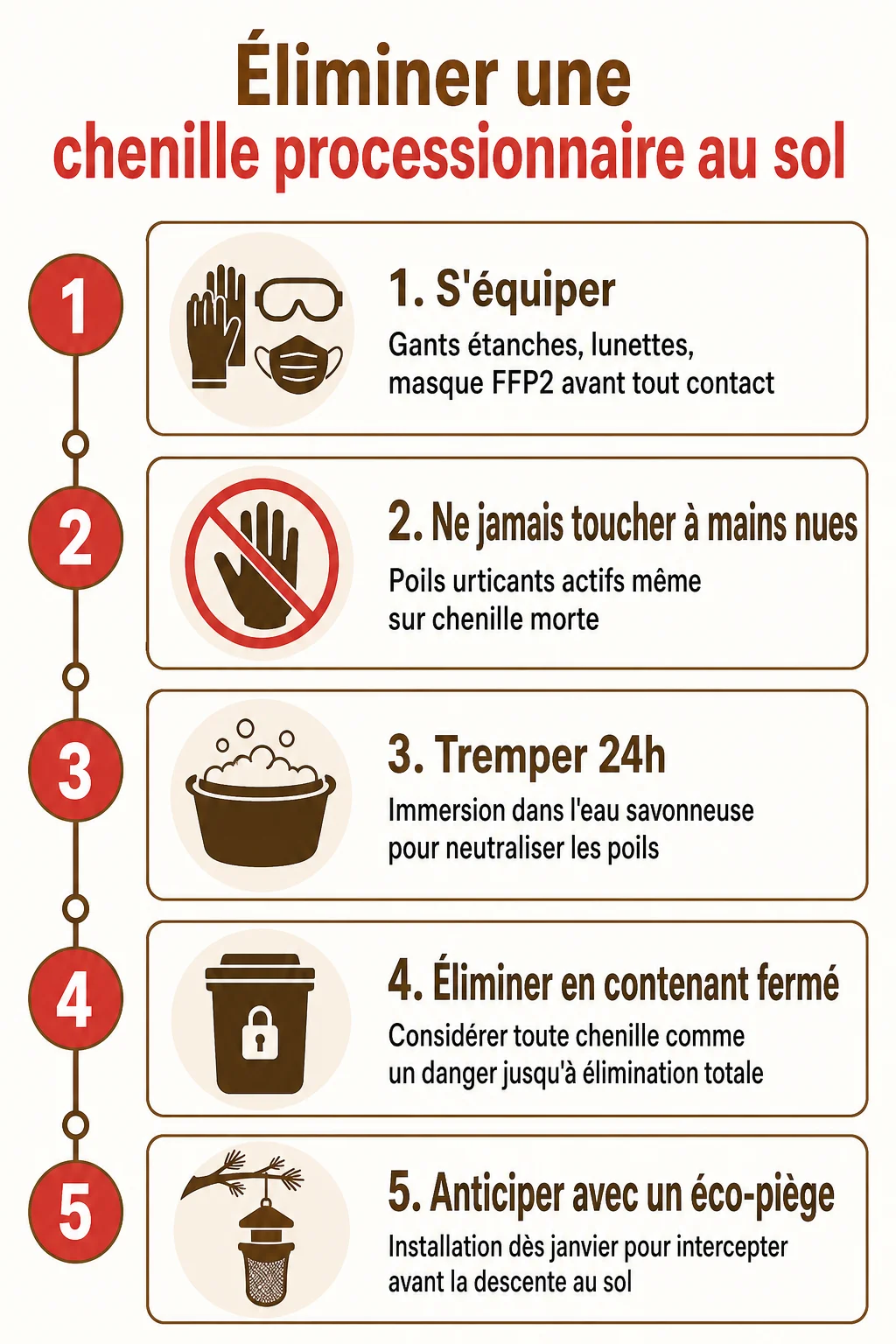 Éliminer une chenille processionnaire au sol : 1. S'équiper, 2. Ne jamais toucher à mains nues, 3. Tremper 24h, 4. Éliminer en contenant fermé, 5. Anticiper avec un éco-piège