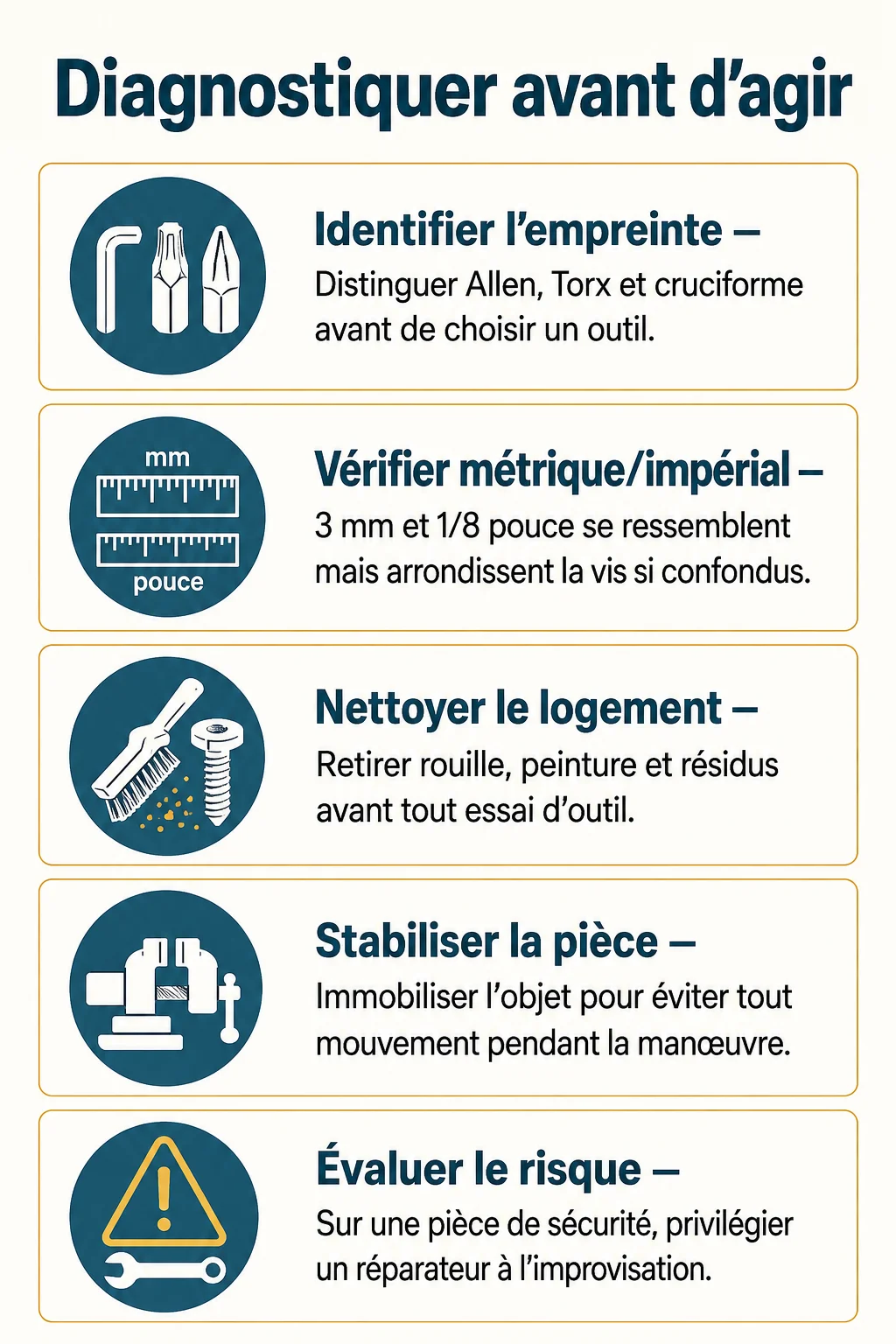 Diagnostiquer avant d'agir : Identifier l'empreinte, Vérifier métrique/impérial, Nettoyer le logement, Stabiliser la pièce, Évaluer le risque