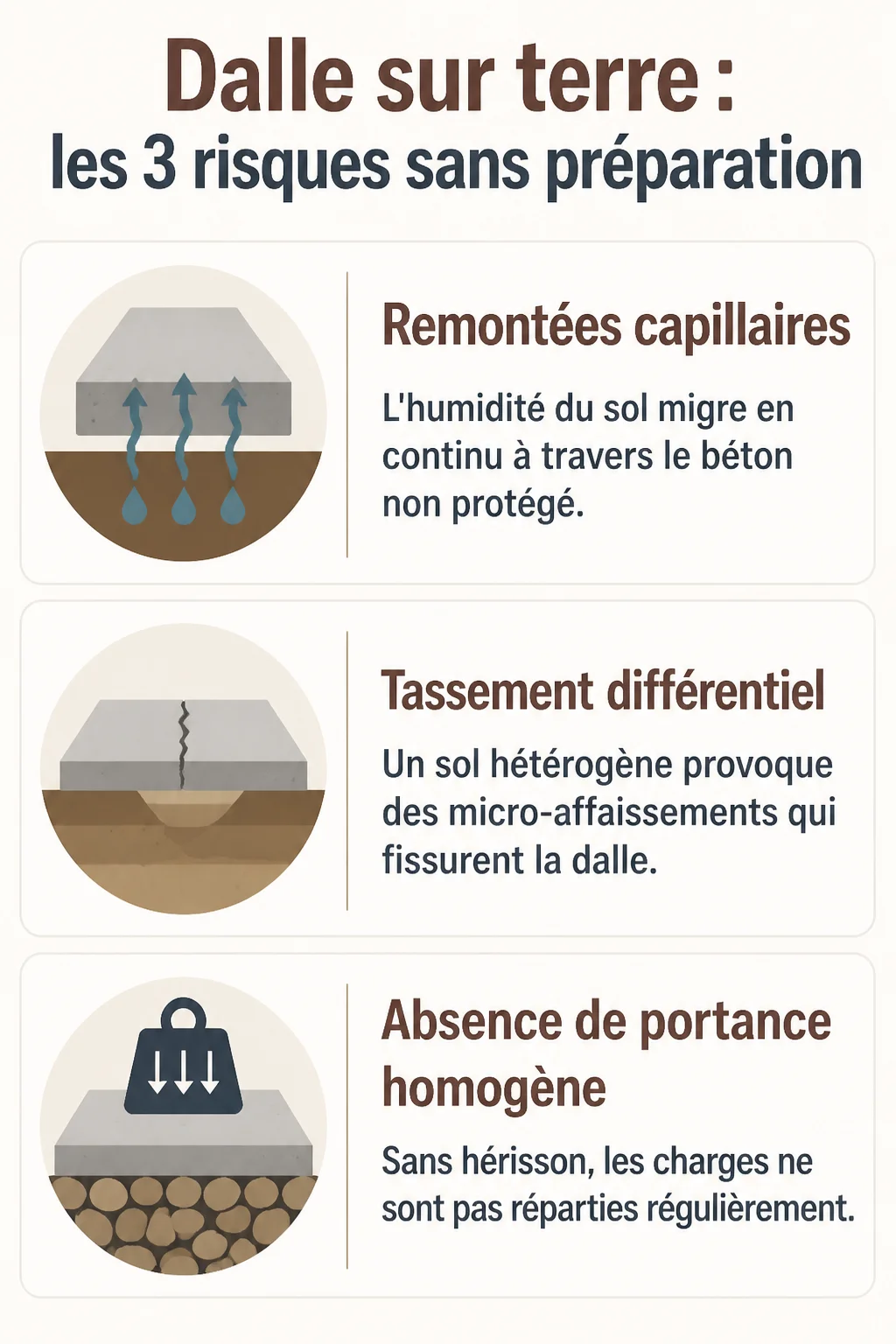 Dalle sur terre : les 3 risques sans préparation : Remontées capillaires, Tassement différentiel, Absence de portance homogène