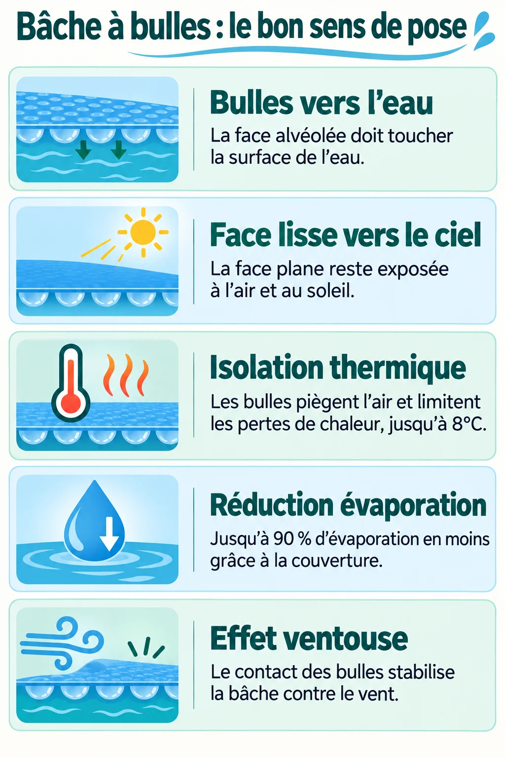 Bâche à bulles : le bon sens de pose : Bulles vers l'eau, Face lisse vers le ciel, Isolation thermique, Réduction évaporation, Effet ventouse