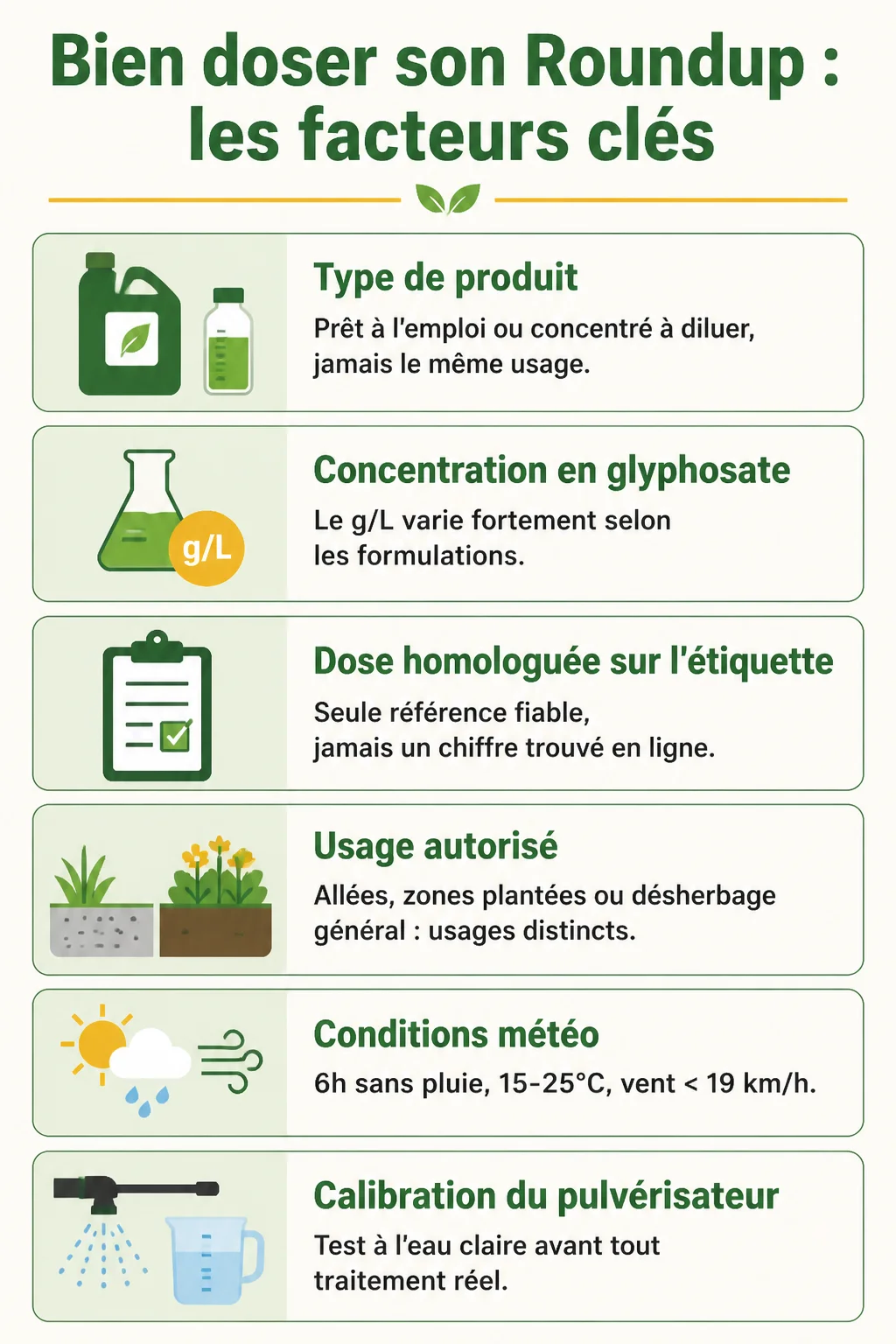 Bien doser son Roundup : les facteurs clés : Type de produit, Concentration en glyphosate, Dose homologuée sur l'étiquette, Usage autorisé, Conditions météo, Calibration du pulvérisateur