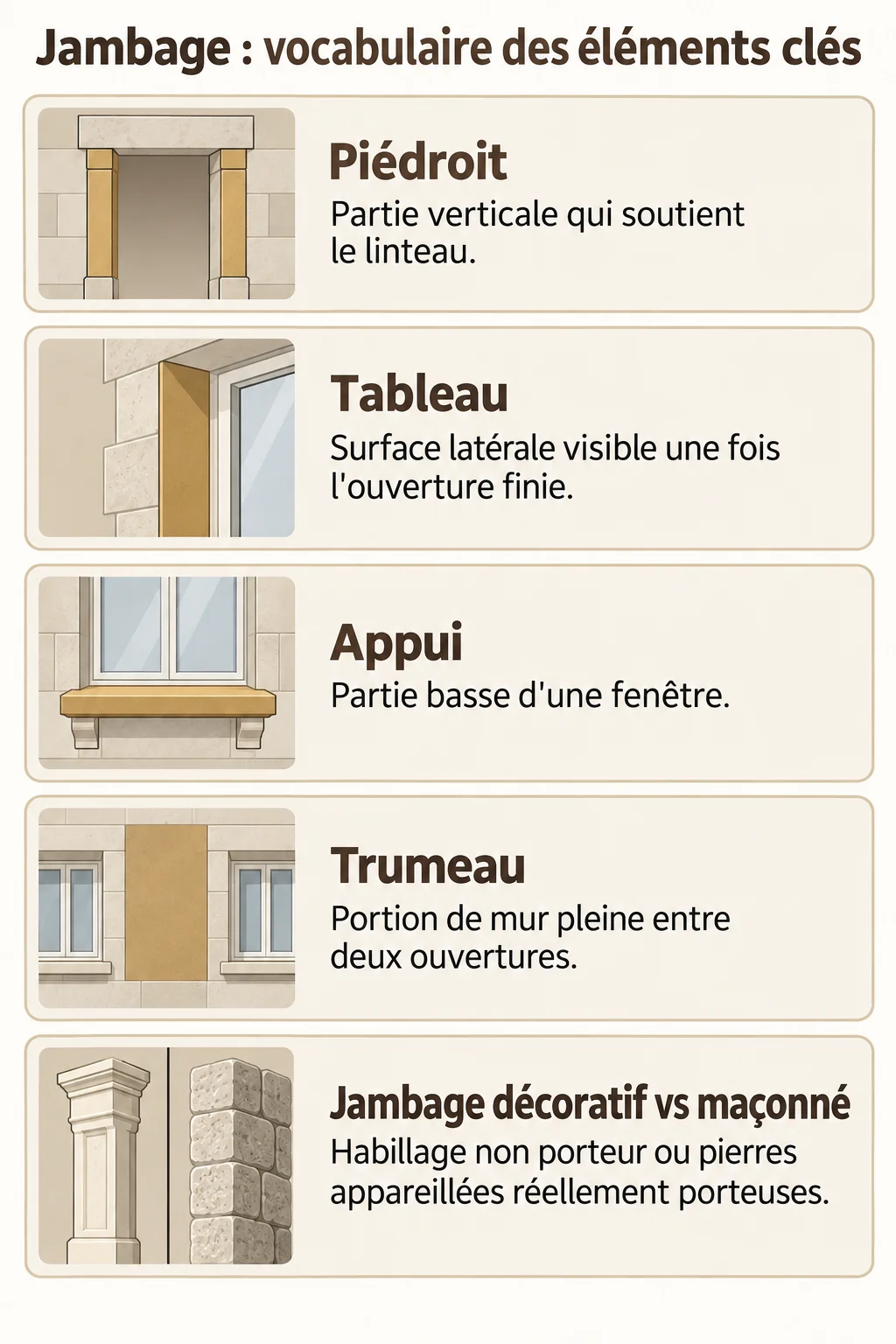 Jambage : vocabulaire des éléments clés : Piédroit, Tableau, Appui, Trumeau, Jambage décoratif vs maçonné