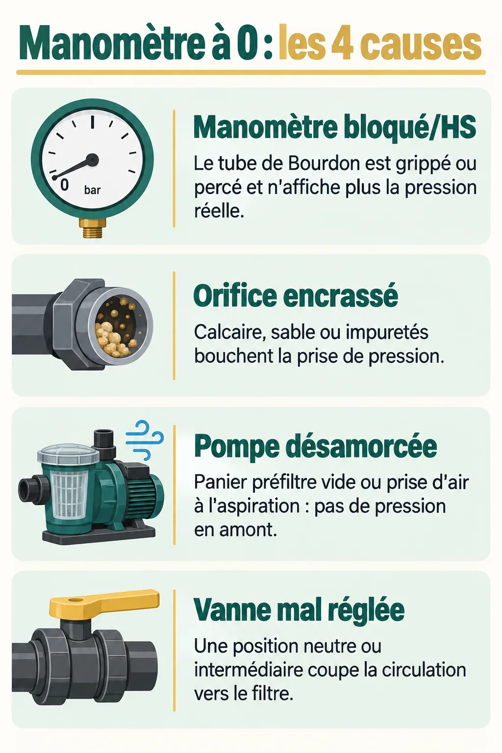 Manomètre à 0 : les 4 causes : Manomètre bloqué/HS, Orifice encrassé, Pompe désamorcée, Vanne mal réglée