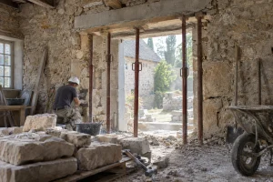 Chantier d'ouverture dans un mur en pierre avec étais et jambages en cours de reprise